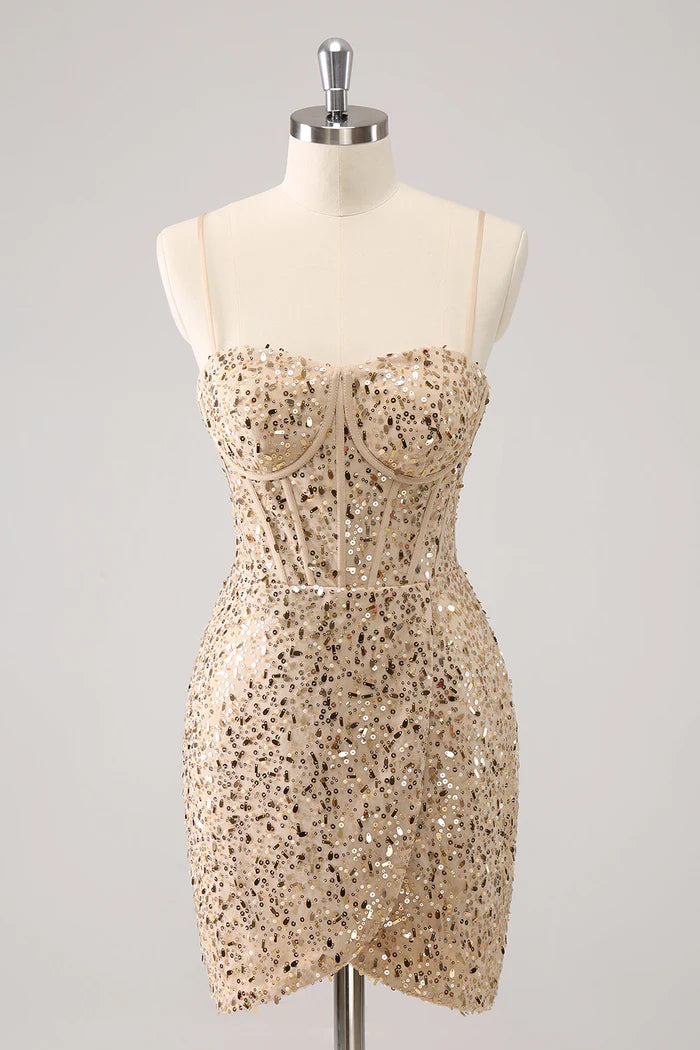 Weitese Dress Sparkly Golden Spaghetti Straps Bodycon Short Homecoming Dress Sleeveless Sequins Party Dress